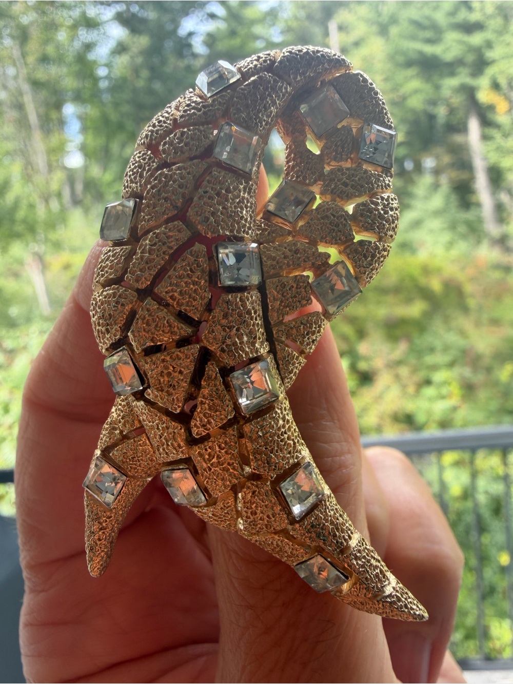 Signed Trifari Gold-Tone Textured Rhinestone Statement Brooch